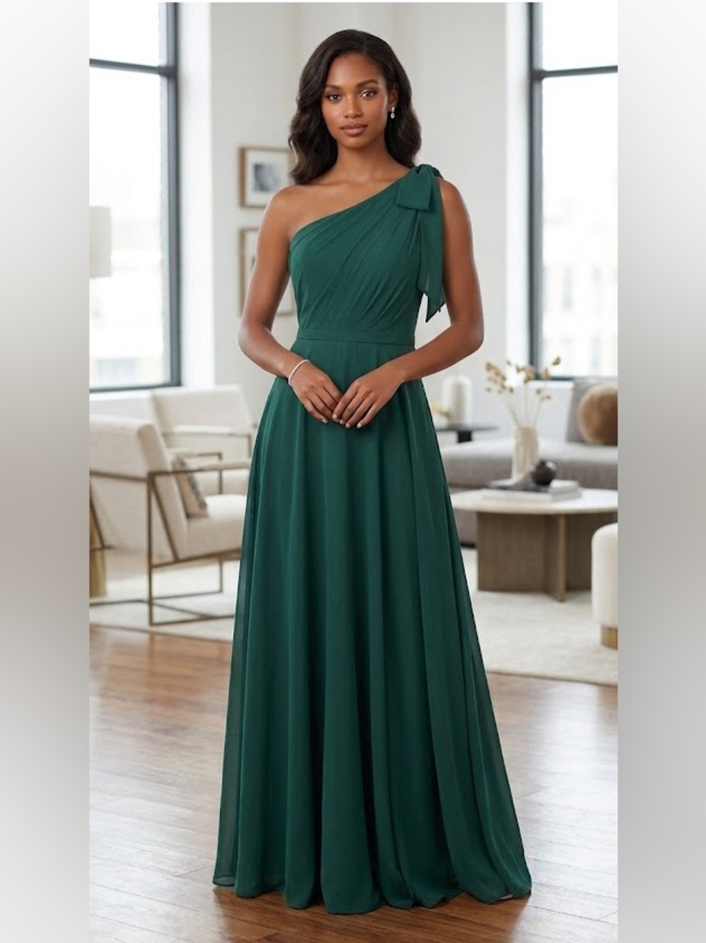 Morilee by Madeline Gardner green emerald one shoulder dress 16